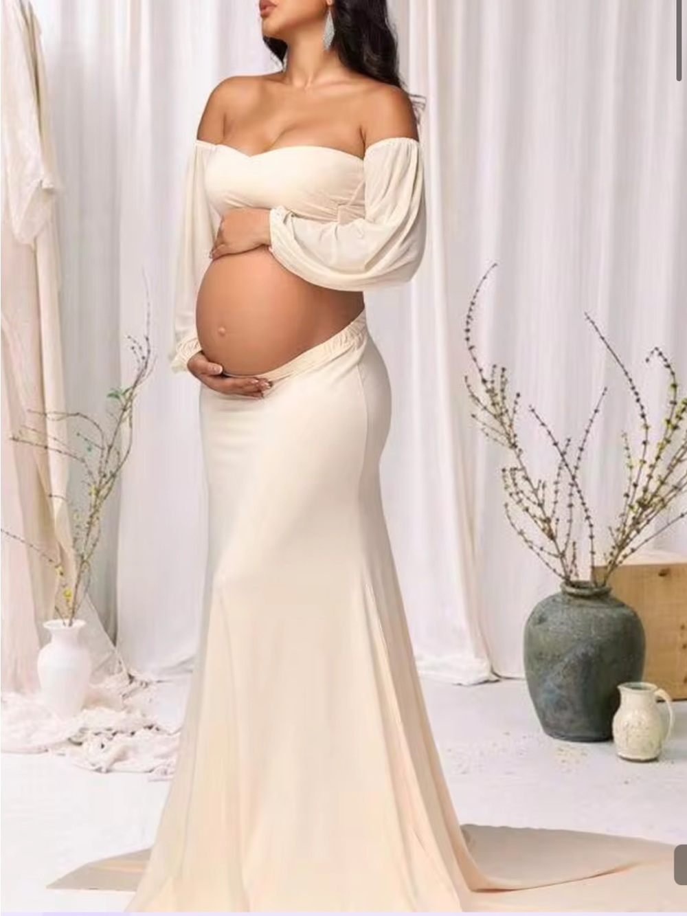Cream Off-Shoulder Maternity Maxi Skirt Set